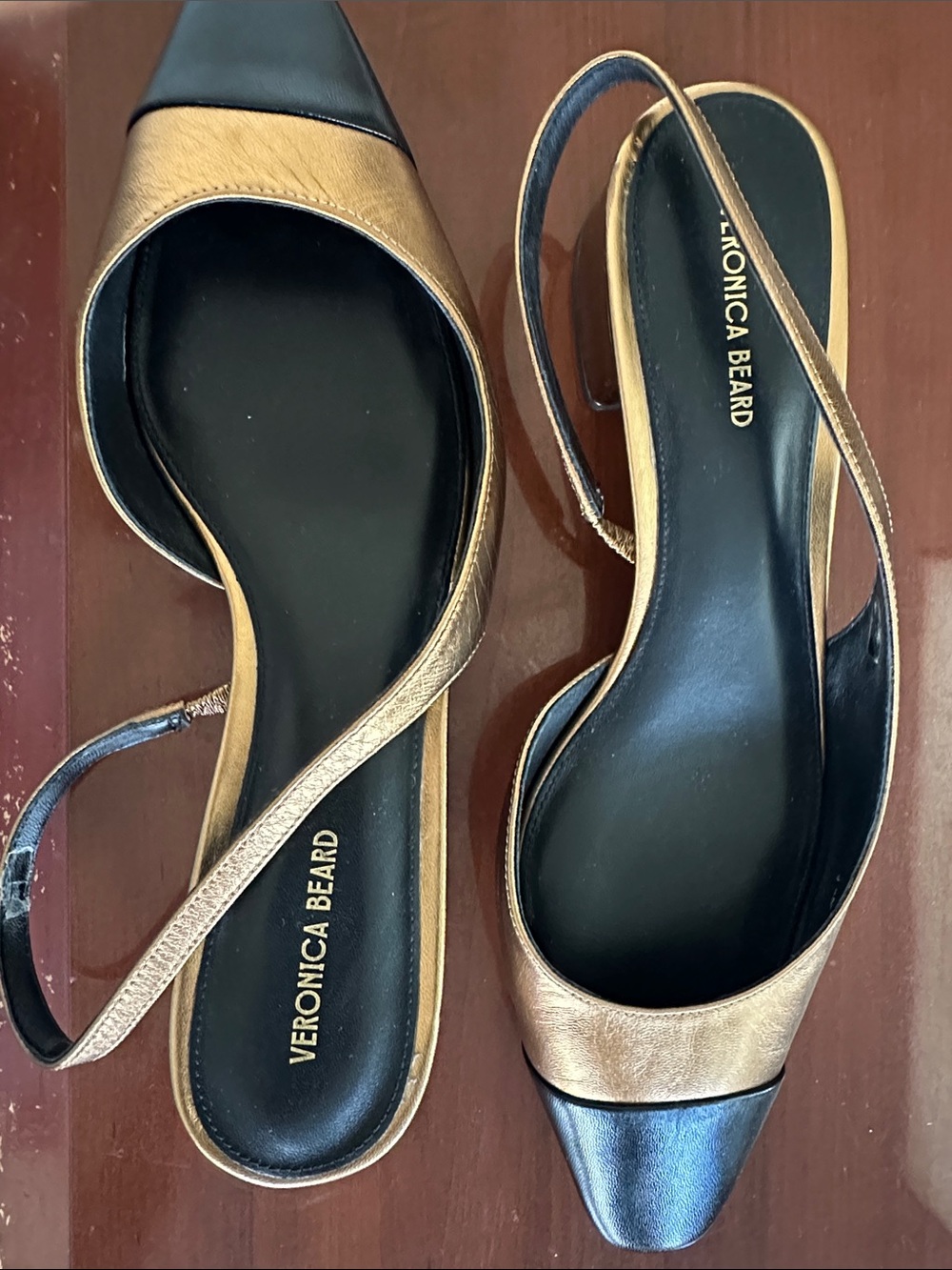 Veronica Beard Gold and Black Pointed Slingback Flats